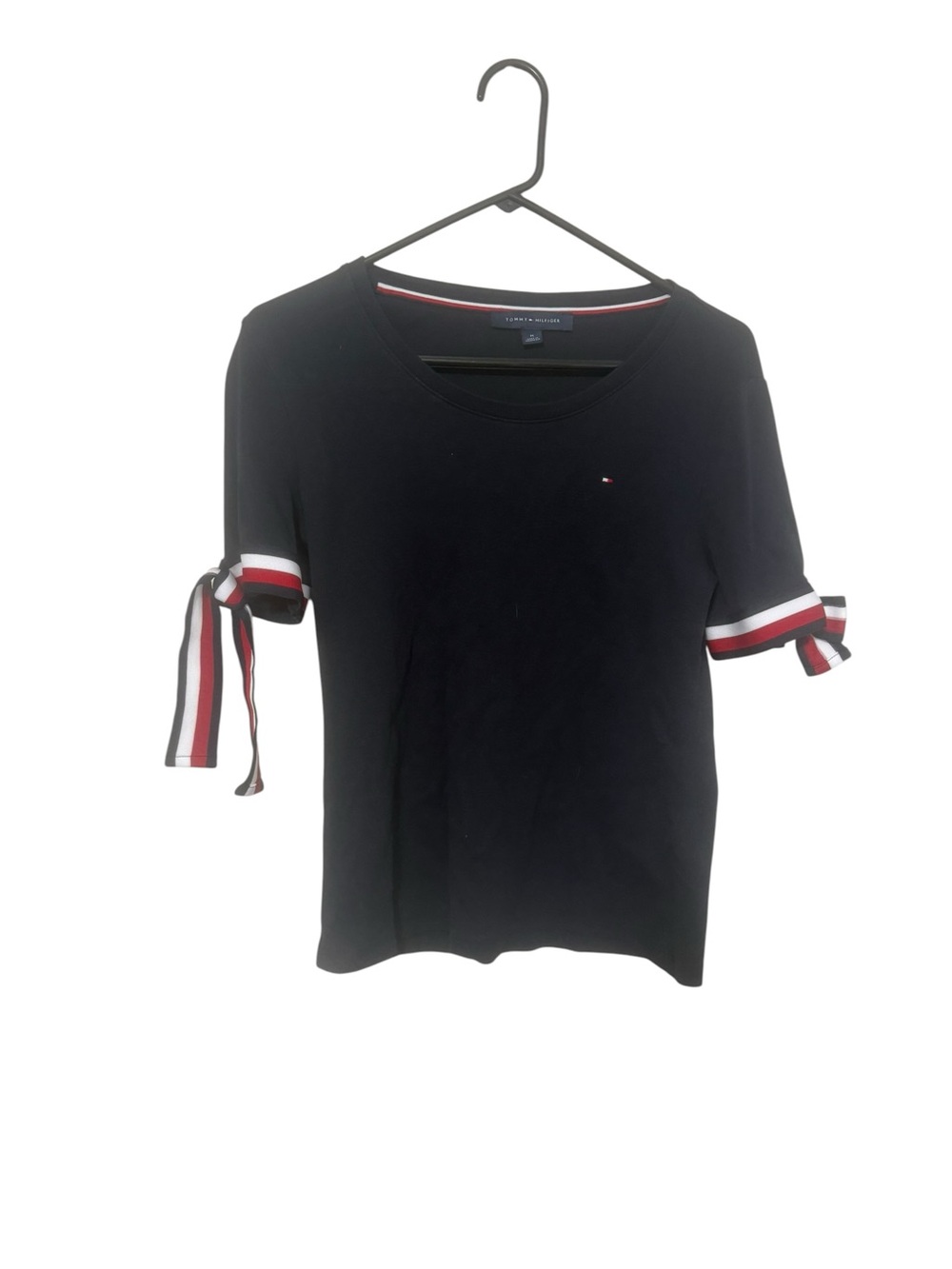 Tommy Hilfiger Black Short Sleeve Tie-Sleeve Tee with Ribbon Trim